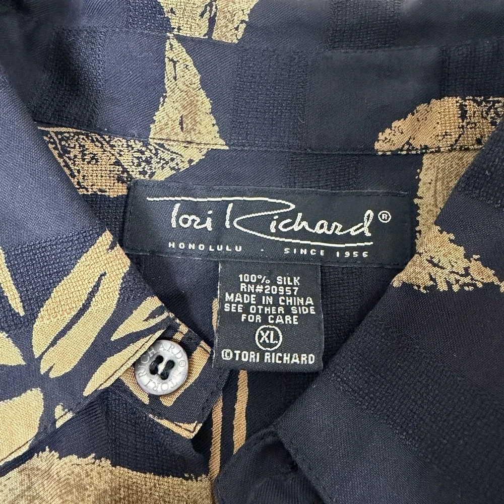 Tori Richard Silk‎ Hawaiian Shirt Black Tan Leaf Print Camp Collar XL Men